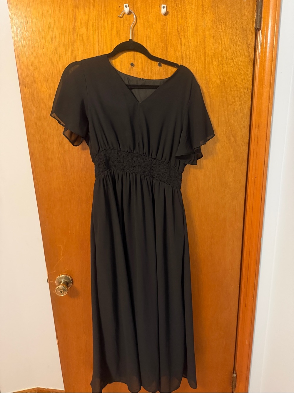 Black V-Neck Smocked Waist Midi Dress